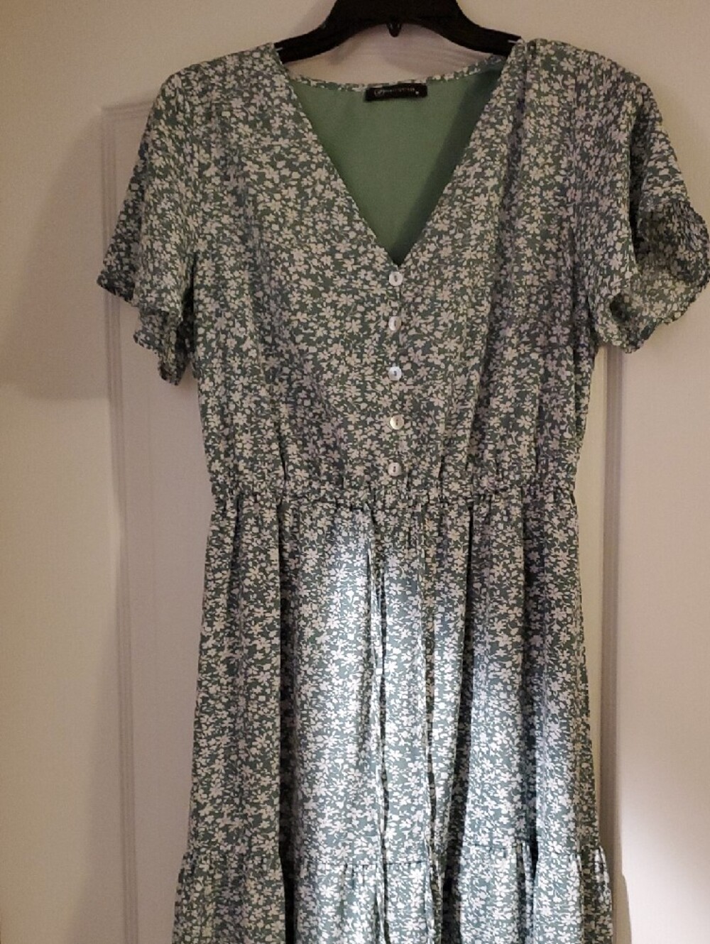 Green Floral V-Neck Maxi Dress with Elastic Waist